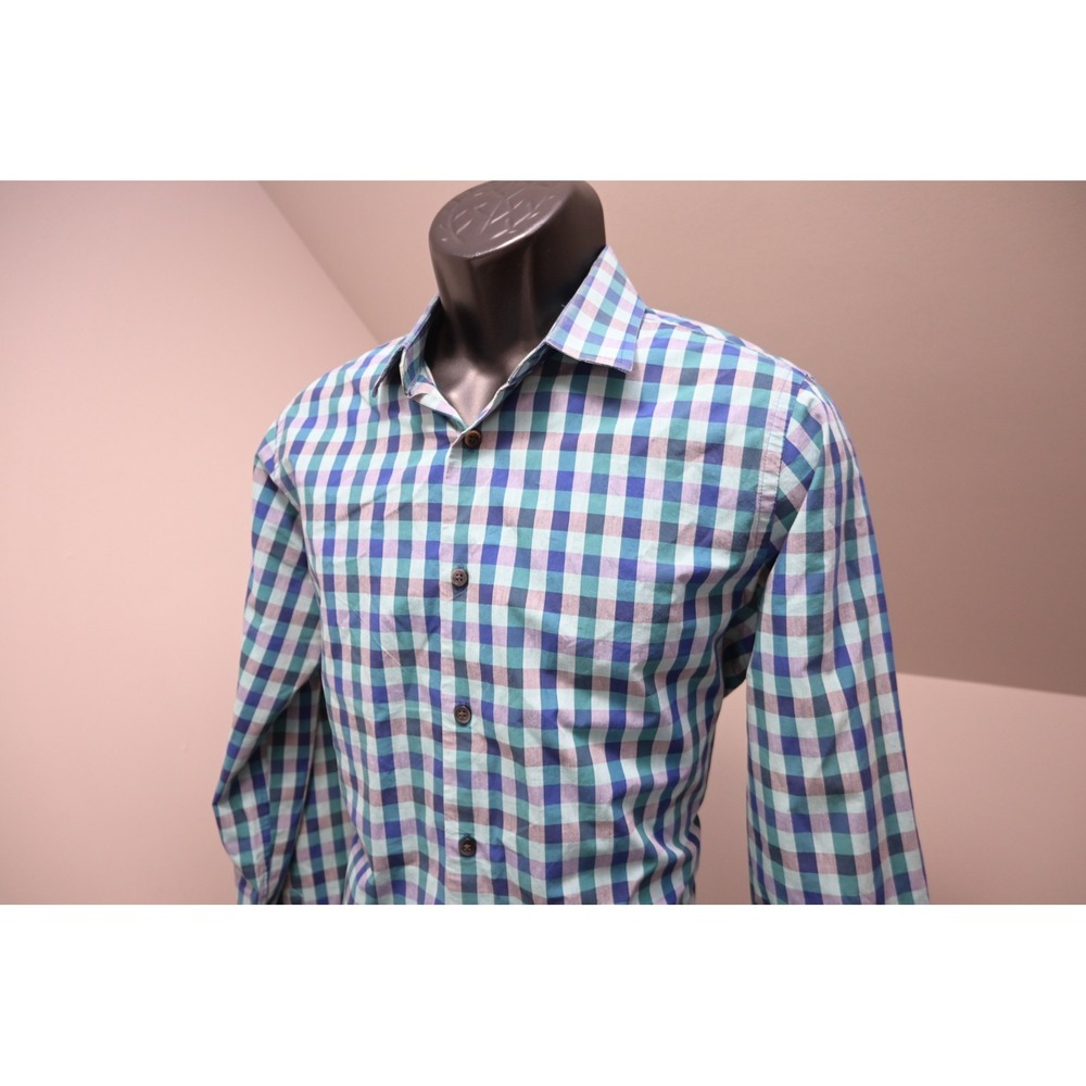Express Button Down Dress Shirt Mens Medium Blue Teal Plaid Extra Slim Fit EUC